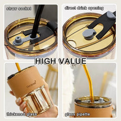 Coffee Cup Glass Mug With Lid And Straw 450ml