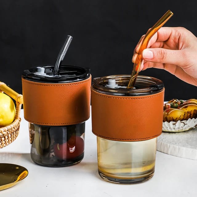 Coffee Cup Glass Mug With Lid And Straw 450ml